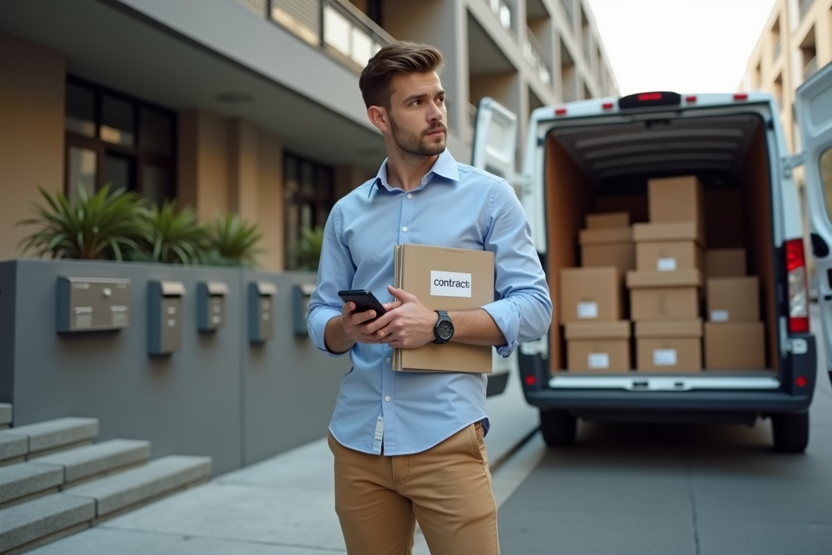 Jeune homme dans la rue avec dossier et téléphone