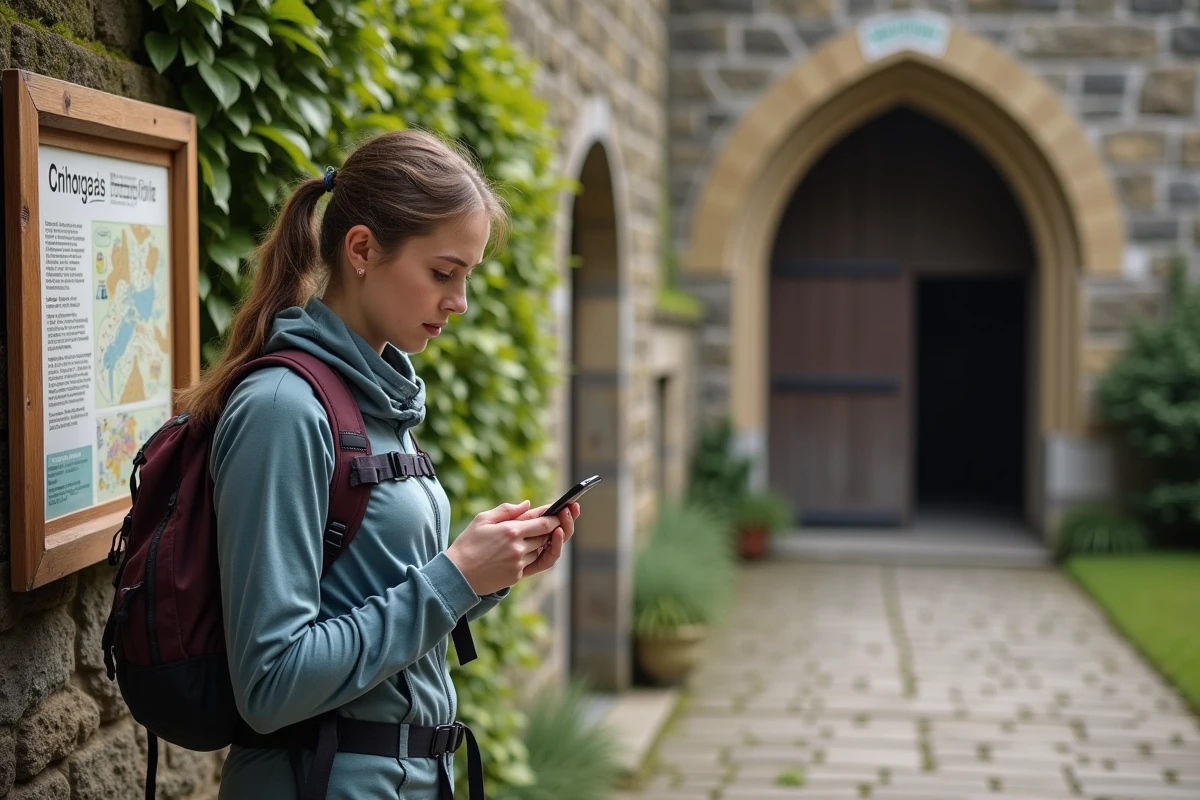 Jeune pèlerine vérifiant son itinéraire devant une abbaye ancienne