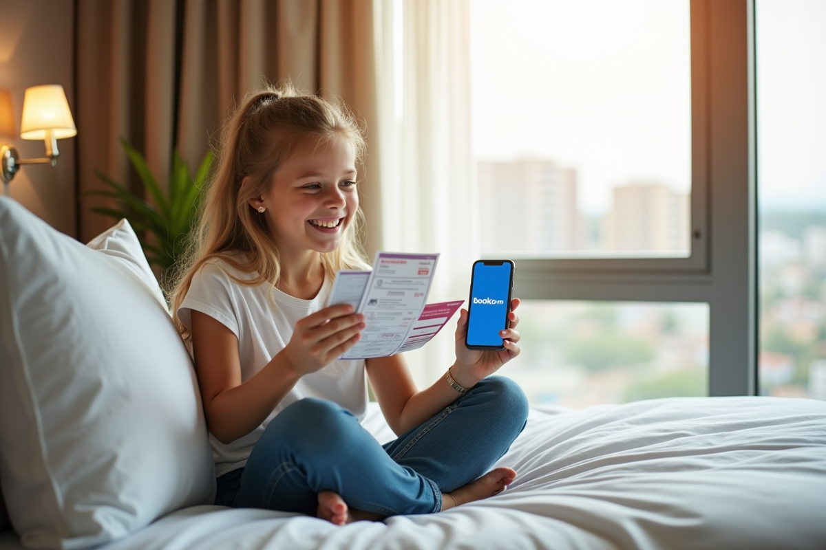 Jeune voyageur souriant avec vouchers et smartphone pour réservation
