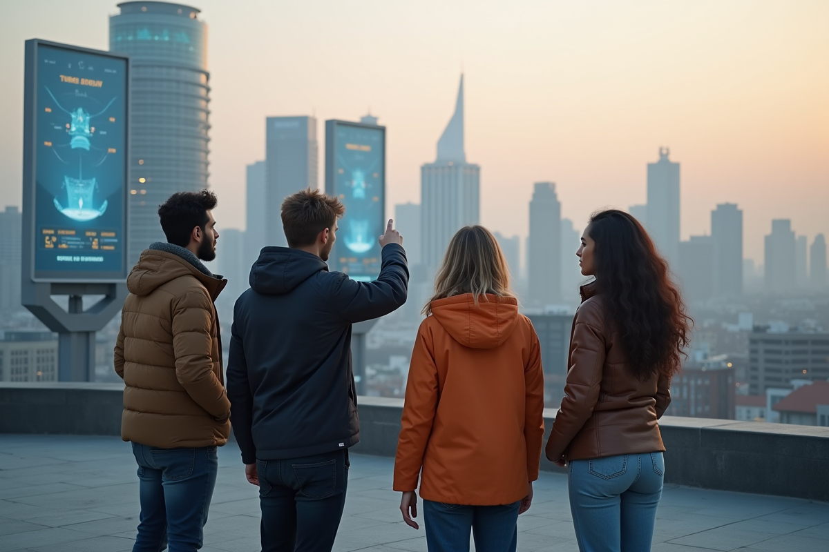 Jeunes discutant devant des bâtiments futuristes en ville