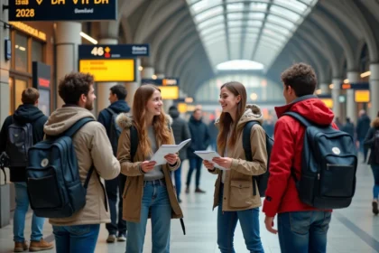 Groupe d'adolescents voyageurs devant un guichet de gare
