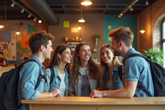 Groupe de jeunes voyageurs dans un auberge moderne