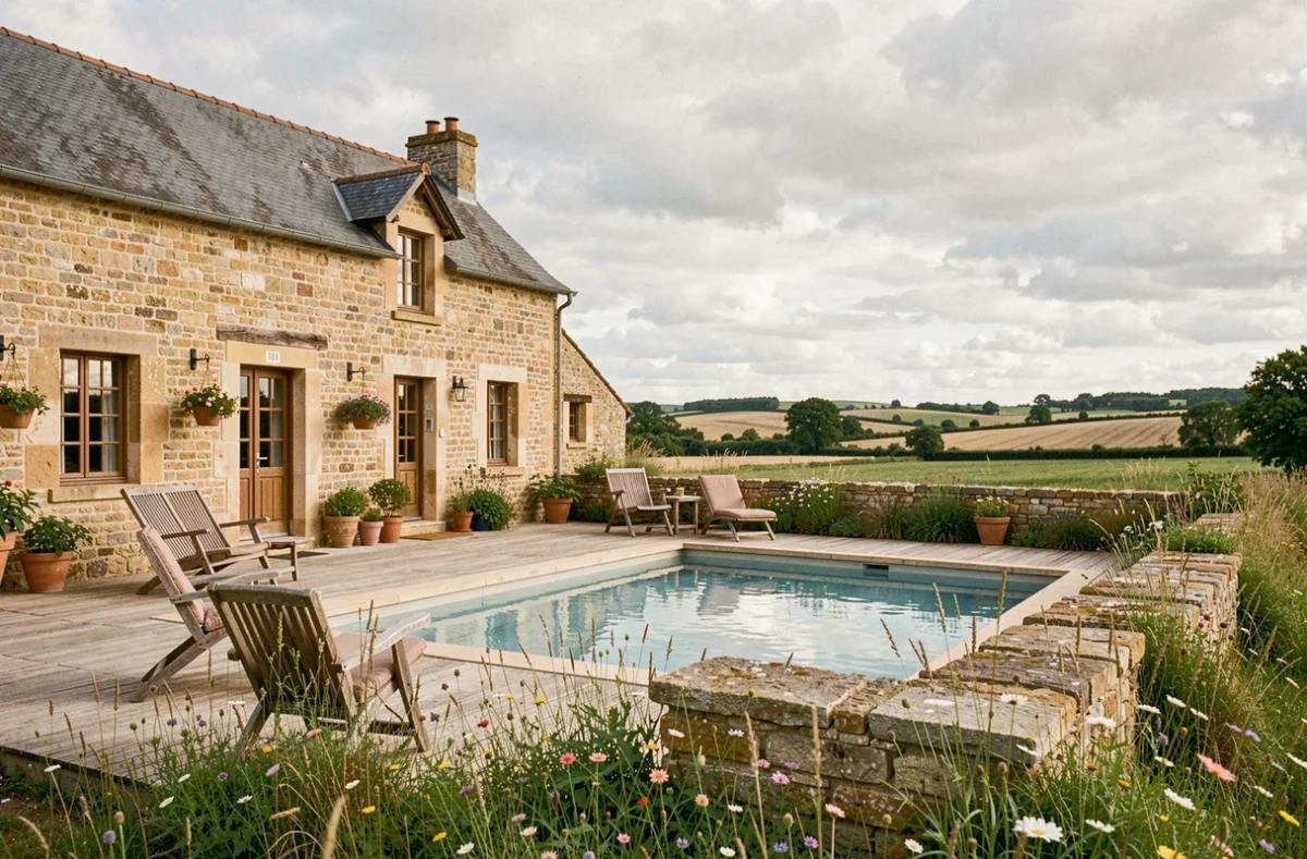Piscine extérieure de La Ferme 1802 entourée de murs en pierre et de végétation champêtre