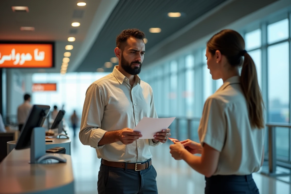 Client signant un contrat de location de voiture au comptoir d'une agence à l'aéroport Mohammed V de Casablanca