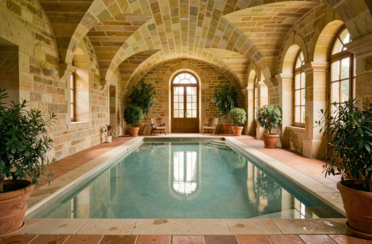 Piscine intérieure du Manoir de Gressy sous voûtes en pierre avec plantes et ambiance manoir authentique
