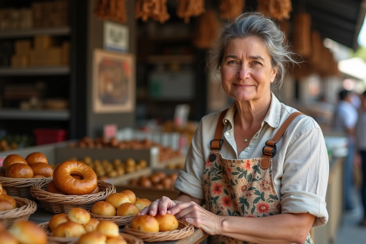 Vendeuse de marché proposant des trigona panoramatos et des loukoumades dans un marché en plein air à Thessalonique en Macédoine grecque