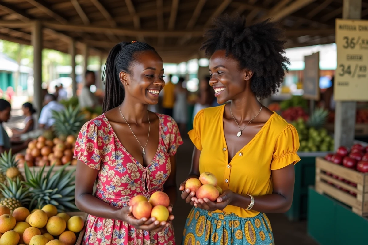 Deux femmes en tenues colorées créoles au marché de Saint-Paul à La Réunion avec étals de fruits tropicaux comme des litchis et des mangues