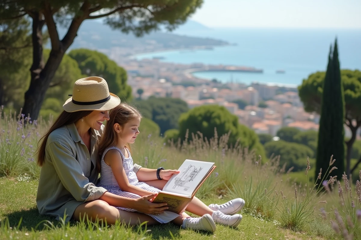 Mère et fille profitant de la vue panoramique sur Nice depuis le Parc de la Colline du Château