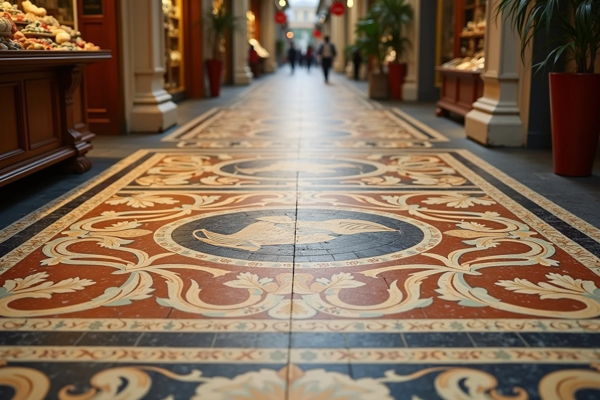 Détail du sol en mosaïque ornementale du passage Vivienne avec motifs classiques et entrelacs