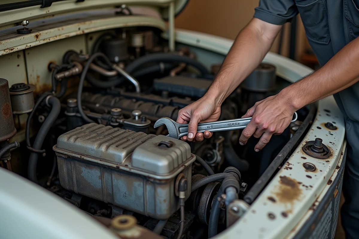 Moteur d'un hymer ouvert montrant les composants à entretenir, illustrant les coûts réels de maintenance d'un camping-car
