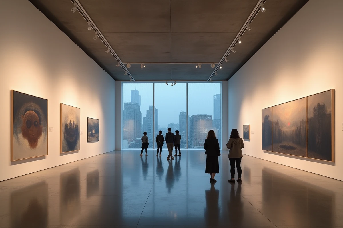 Intérieur d'un musée d'art contemporain de Tokyo ouvert en soirée, avec des visiteurs observant de grandes œuvres dans une galerie aux murs blancs et aux fenêtres donnant sur la ville pluvieuse.