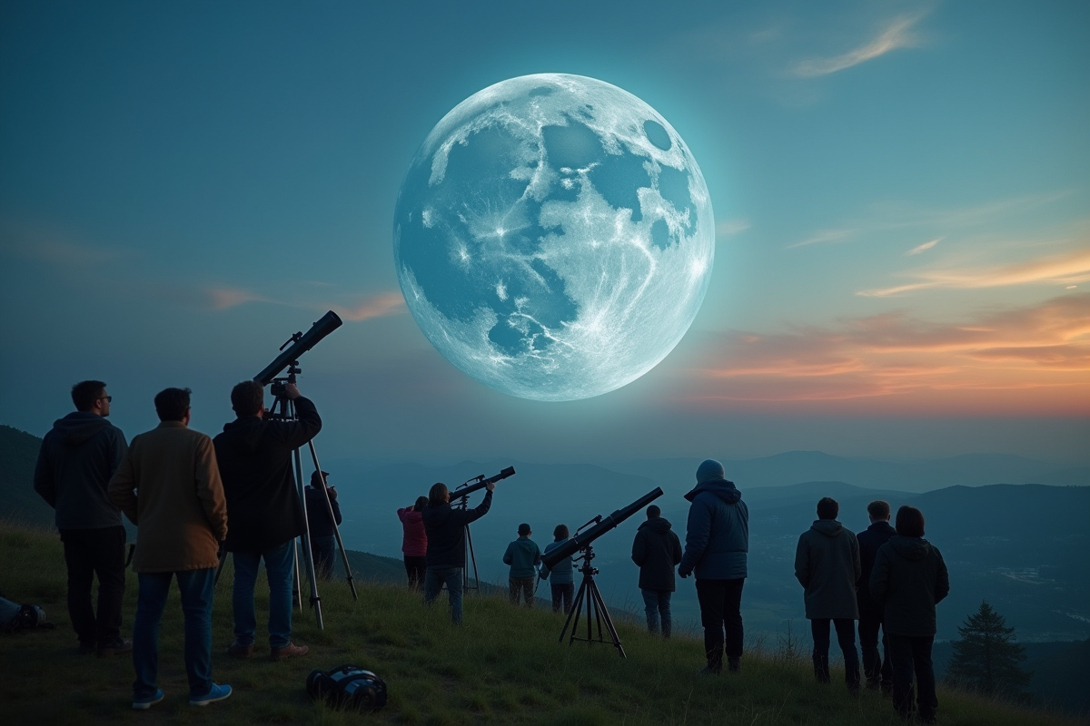 Groupe de personnes observant la supermoon sur une colline