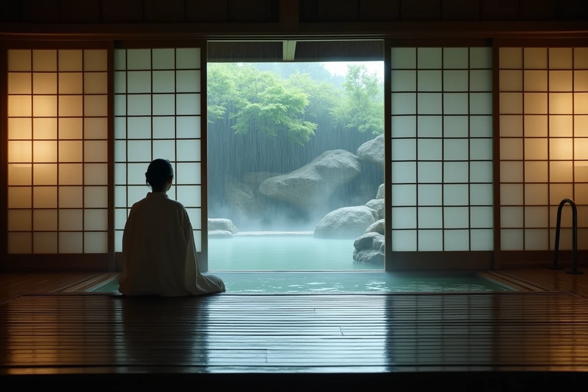 Un onsen intérieur japonais paisible en soirée pluvieuse, avec un bassin d'eau chaude fumant, des écrans shoji laissant entrevoir un jardin de pierres sous la pluie et une femme en yukata blanc.