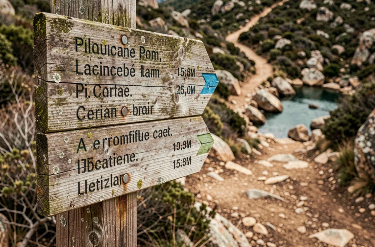 Panneau indicateur de randonnée en bois à un croisement de sentiers vers la cascade de la Vis