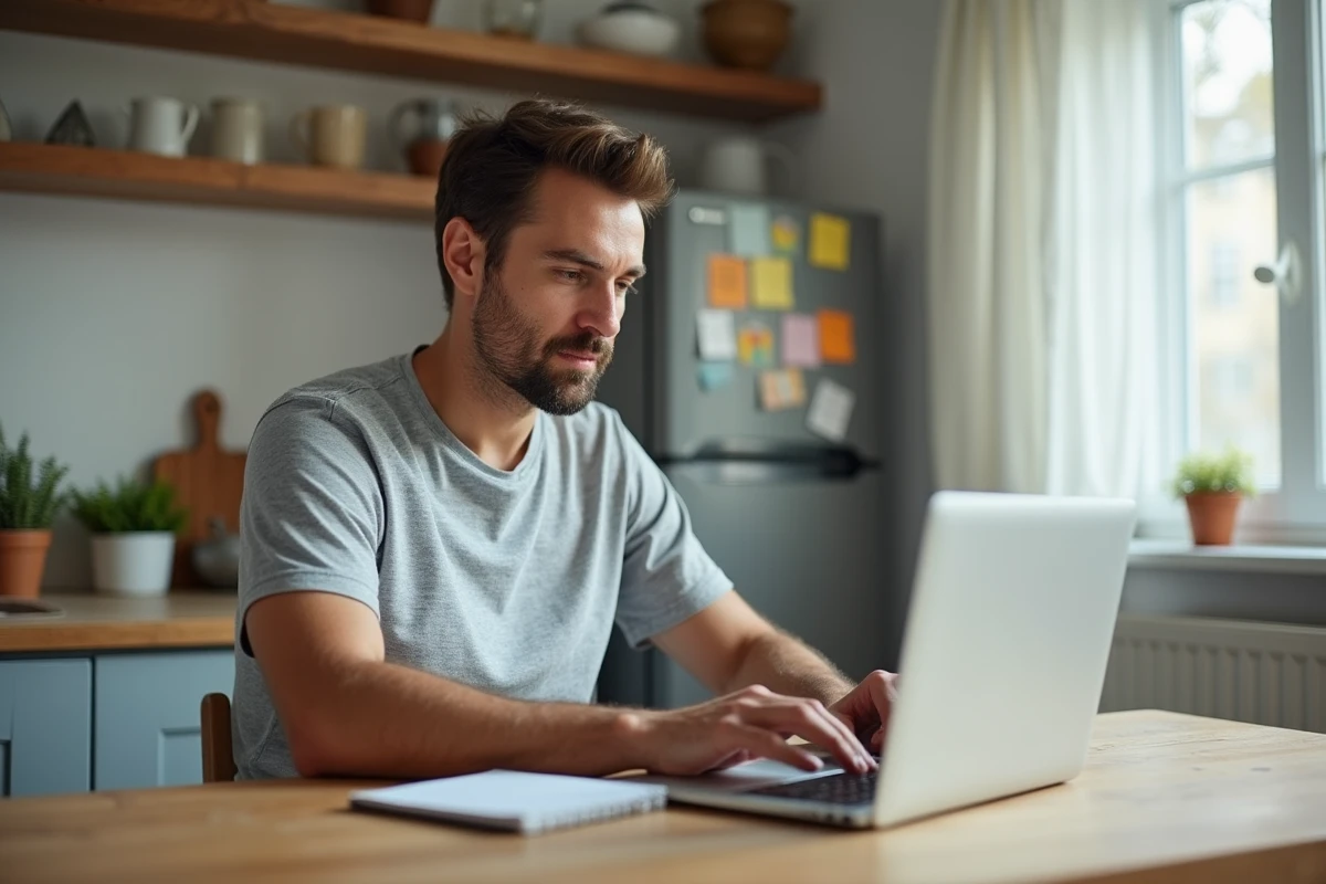 Pere compare offres de voyage sur son ordinateur à la maison