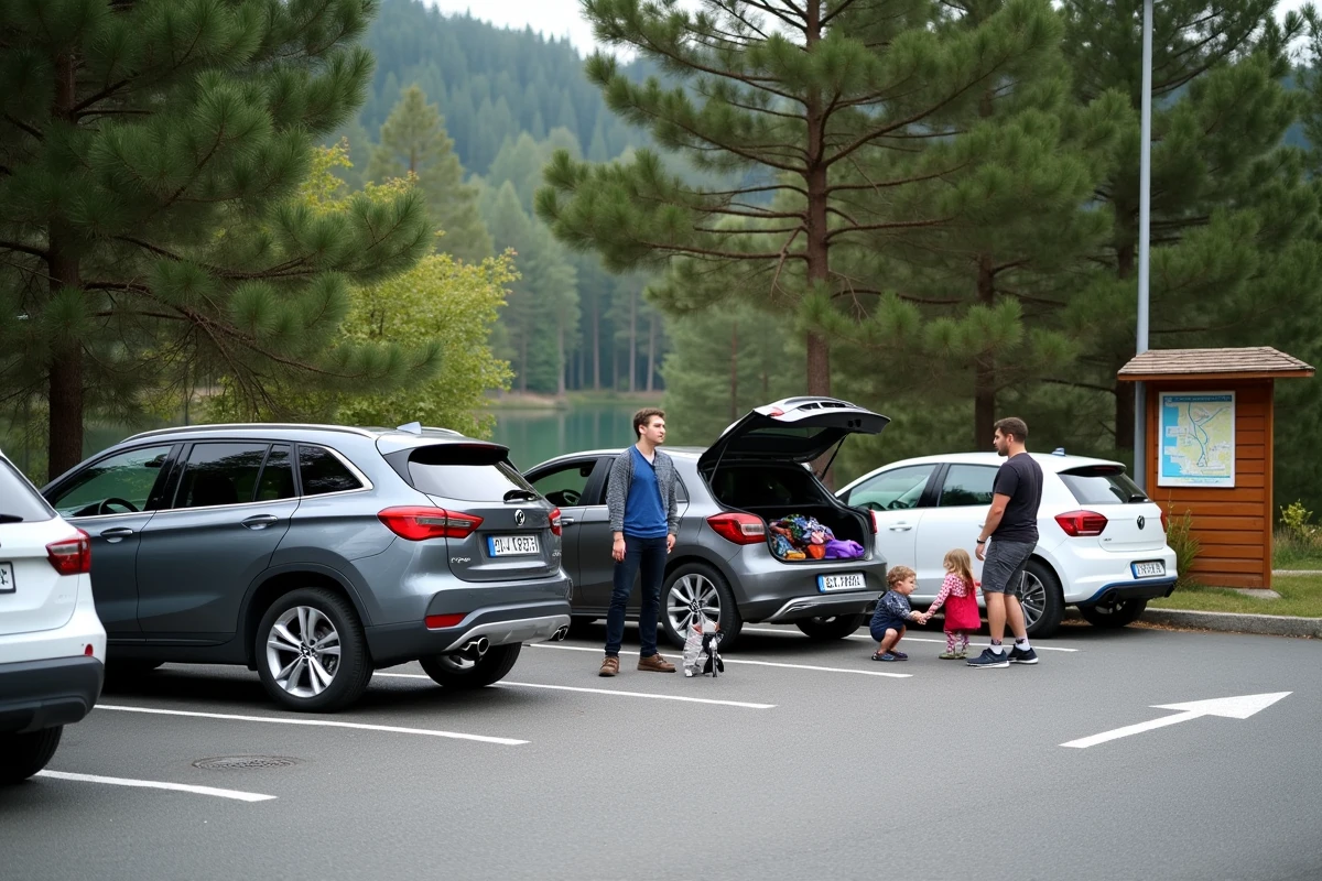Famille équipée pour la randonnée au parking du lac de Gérardmer, avec panneau d'information du sentier du tour du lac visible à l'arrière-plan