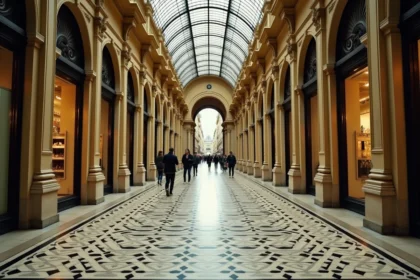 Vue en perspective du passage Vivienne à Paris avec son sol en mosaïque et sa verrière en fer forgé