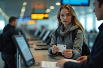 Femme présentant une carte d'identité expirée à l'aéroport
