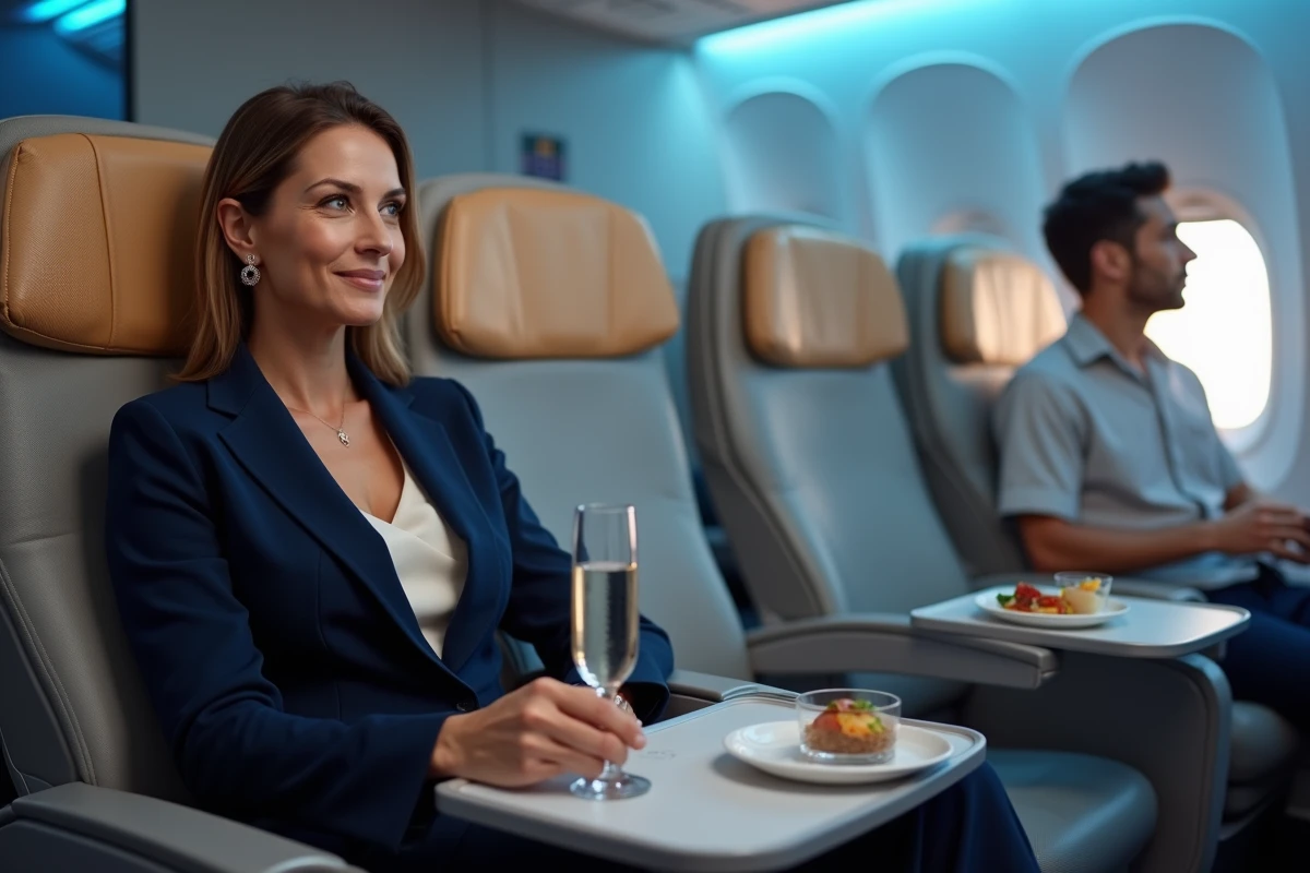 Passagère en classe premium dans un avion Frenchbee, siège large avec plateau repas et hublot