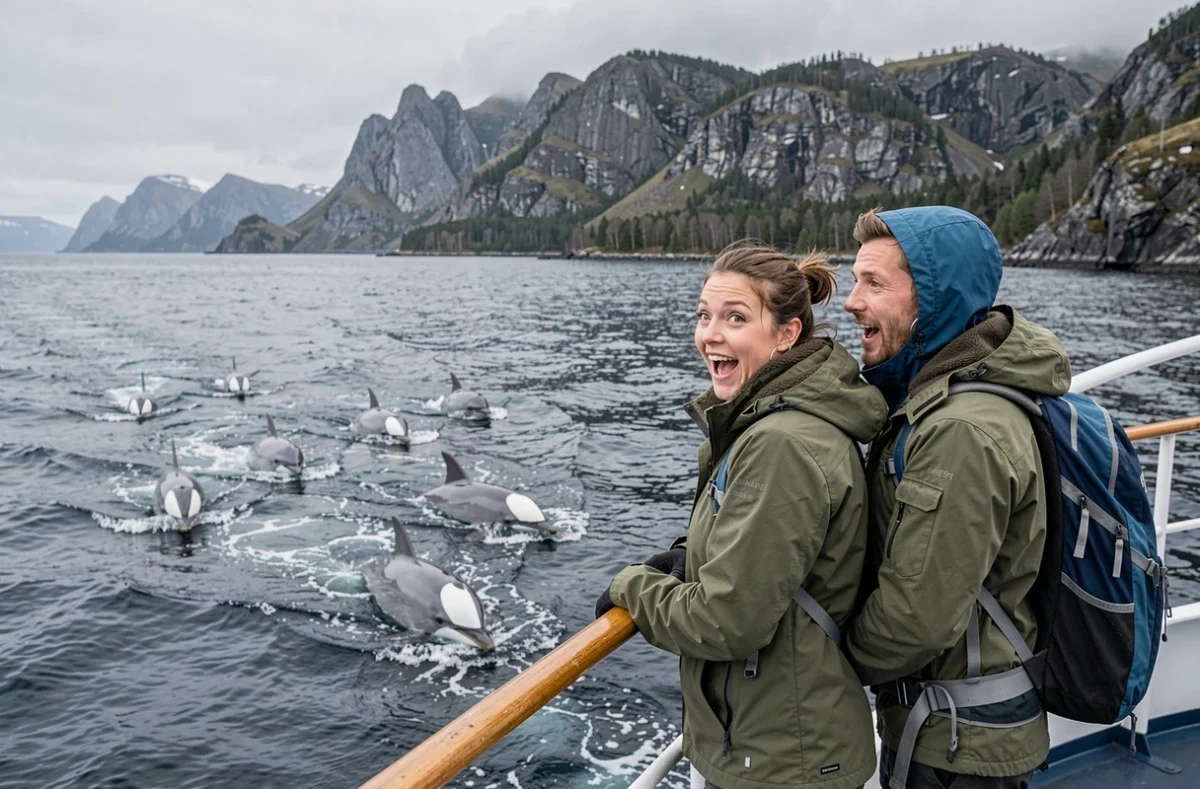 Deux passagers observant des dauphins depuis la poupe d'un petit bateau de croisière en eaux norvégiennes
