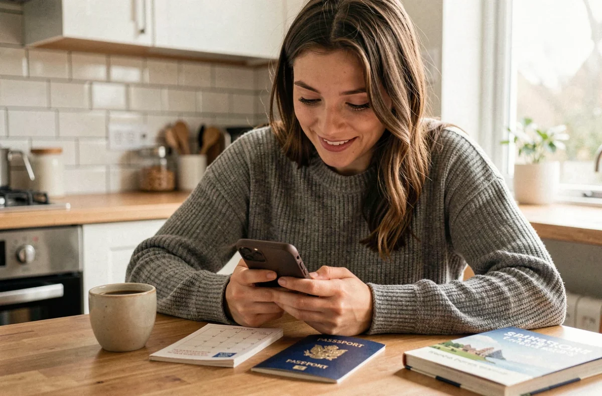 Jeune femme consultant son calendrier de voyage sur smartphone avec son passeport tout juste reçu posé sur la table