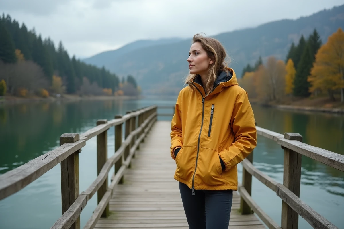 Femme en anorak jaune moutarde sur une passerelle en bois au bord du lac de Gérardmer, vue panoramique sur le lac et les montagnes vosgiennes
