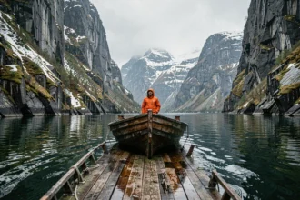 Petit bateau d'expédition naviguant dans un fjord norvégien encaissé entouré de falaises de granit et de neige
