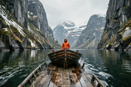 Petit bateau d'expédition naviguant dans un fjord norvégien encaissé entouré de falaises de granit et de neige
