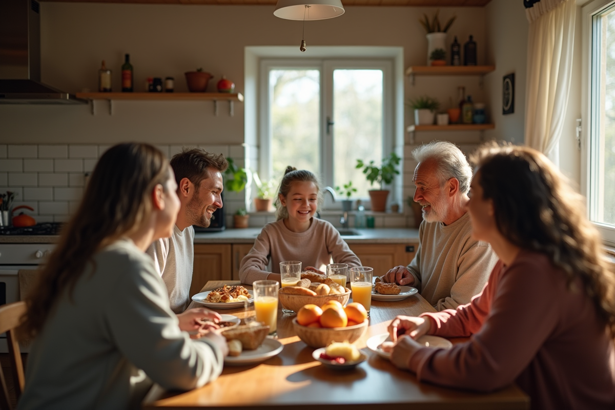 Invités partageant un petit déjeuner maison dans une cuisine lumineuse