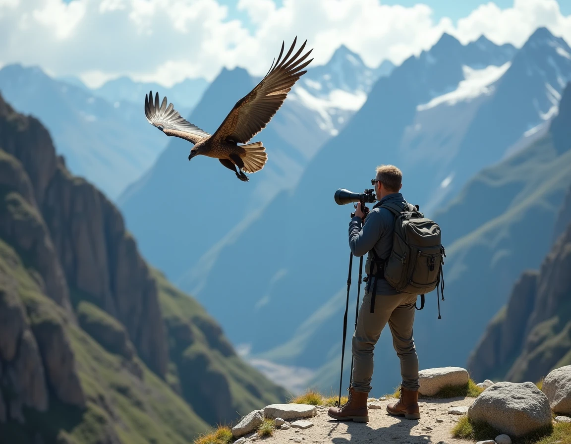 Photographe et guide observant un condor des Andes depuis une crête montagneuse lors d'un voyage photo en Amérique du Sud