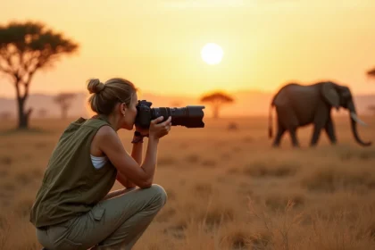Photographe professionnelle accroupie dans la savane africaine avec un téléobjectif visant un troupeau d'éléphants lors d'un safari photo