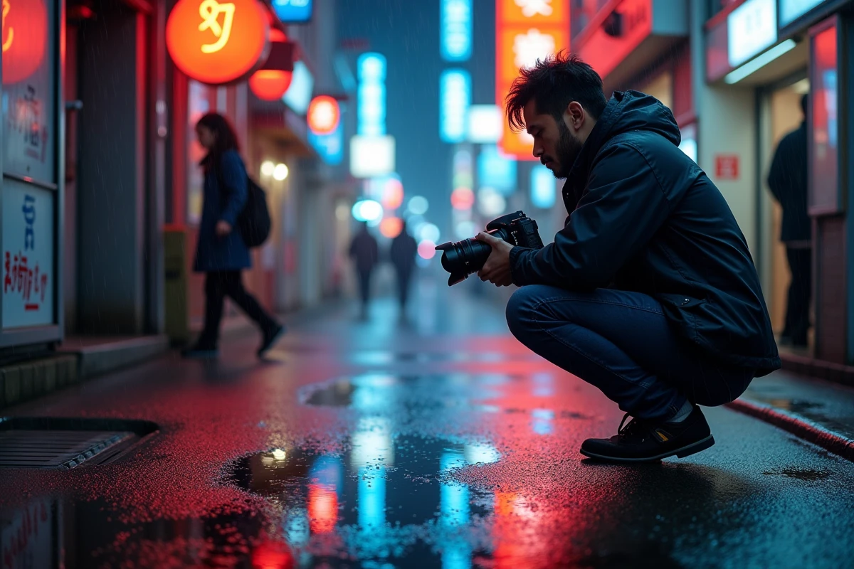 Un photographe japonais accroupi dans une ruelle pluvieuse de Tokyo la nuit, capturant les reflets de néons colorés dans une grande flaque d'eau sur le trottoir mouillé.