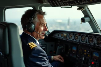 Pilote dans le cockpit du Concorde avec Paris en arrière-plan