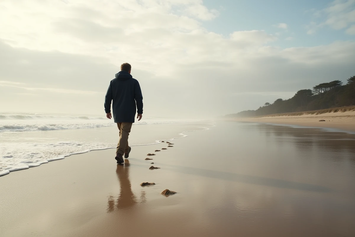 Homme marchant seul sur la plage déserte d'Arcachon en novembre, ambiance calme hors saison touristique