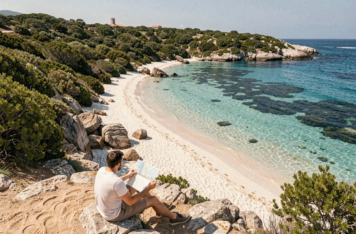 Vue panoramique d'une plage sauvage de Corse du Sud avec eau turquoise et maquis, couple consultant une carte sur le sable blanc