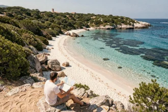 Vue panoramique d'une plage sauvage de Corse du Sud avec eau turquoise et maquis, couple consultant une carte sur le sable blanc