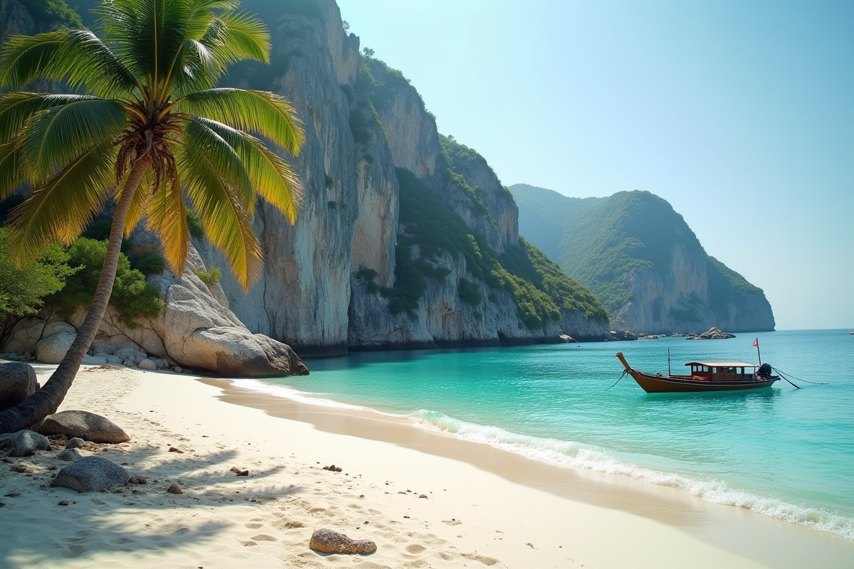 Plage isolée avec bateau de pêche et palmier au coucher du soleil