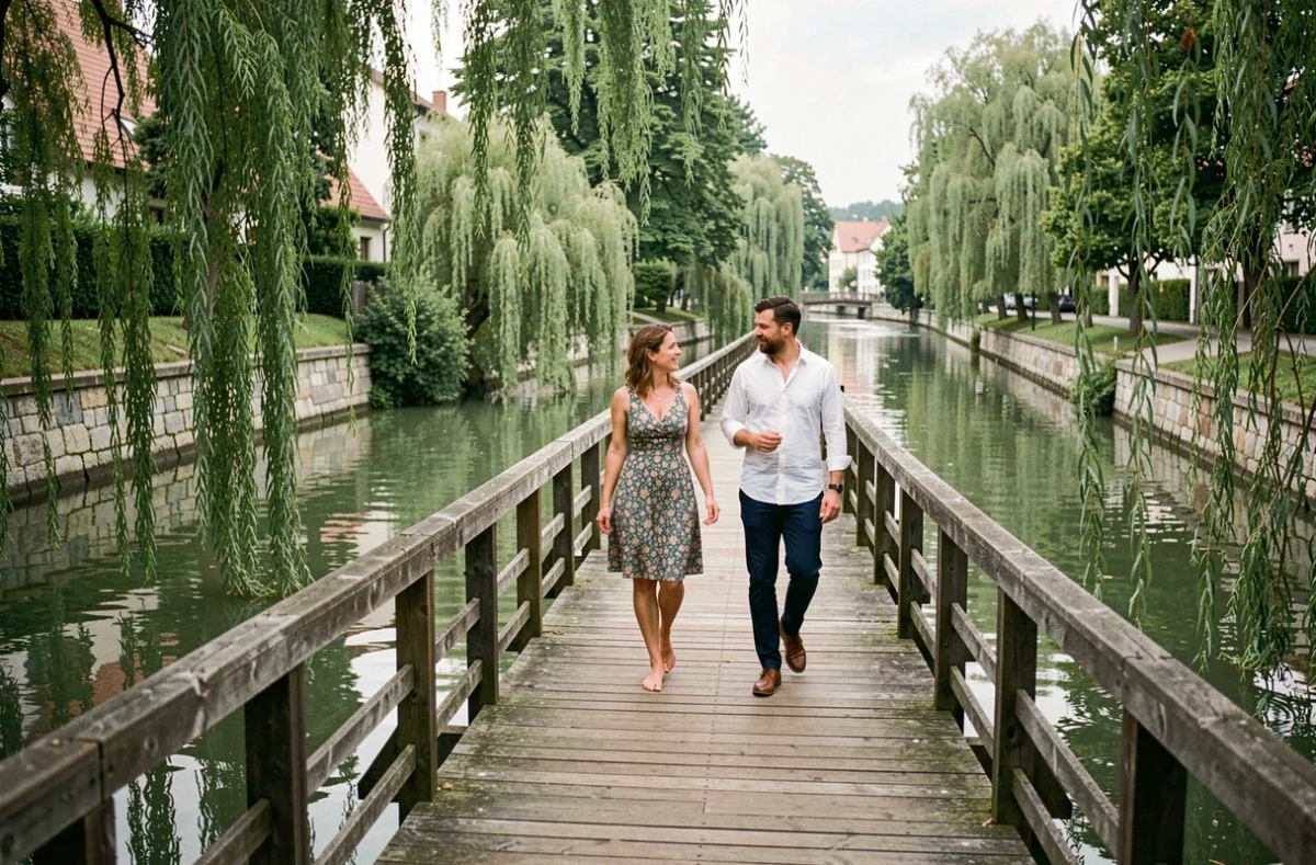 Pont en bois sur le canal Gradaščica dans un quartier résidentiel calme de Ljubljana
