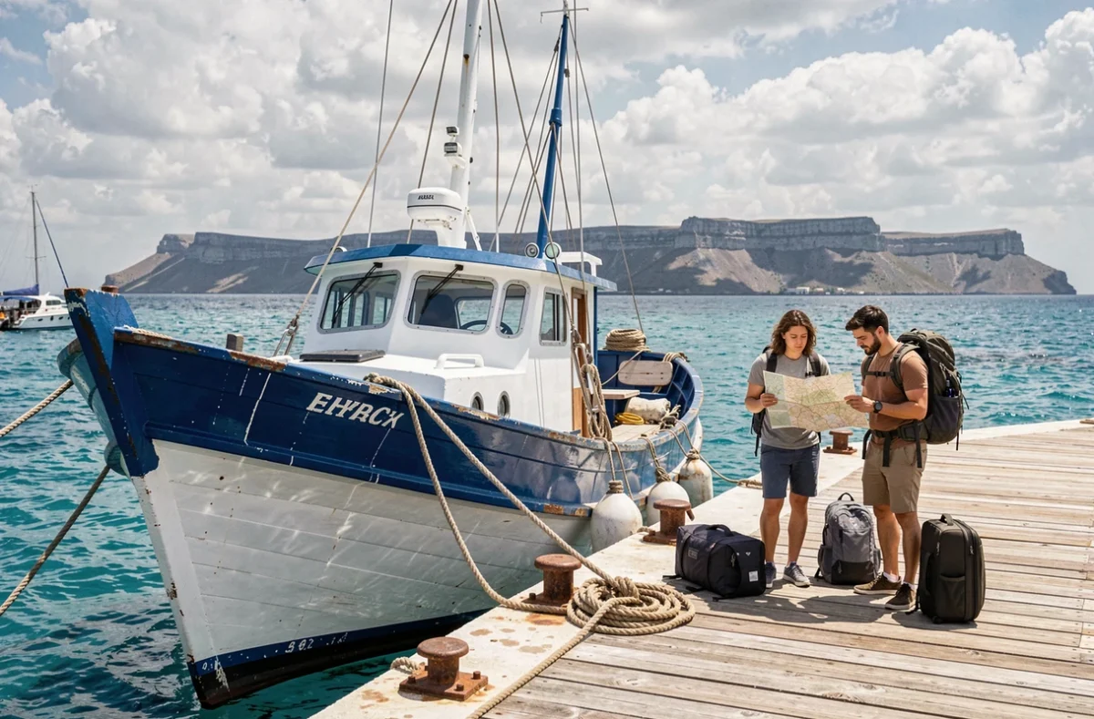 Deux voyageurs avec sacs à dos consultant une carte sur le port de Folégandros devant un ferry grec traditionnel avec la mer Égée en arrière-plan