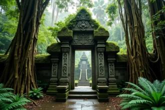 Porte de temple balinais en pierre volcanique recouverte de mousse dans la Sacred Monkey Forest d'Ubud