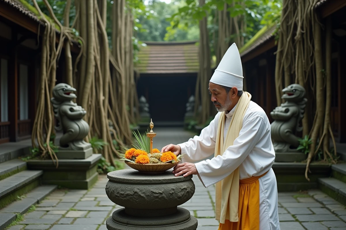 Prêtre hindou balinais déposant une offrande traditionnelle canang sari sur un autel de pierre dans la Sacred Monkey Forest