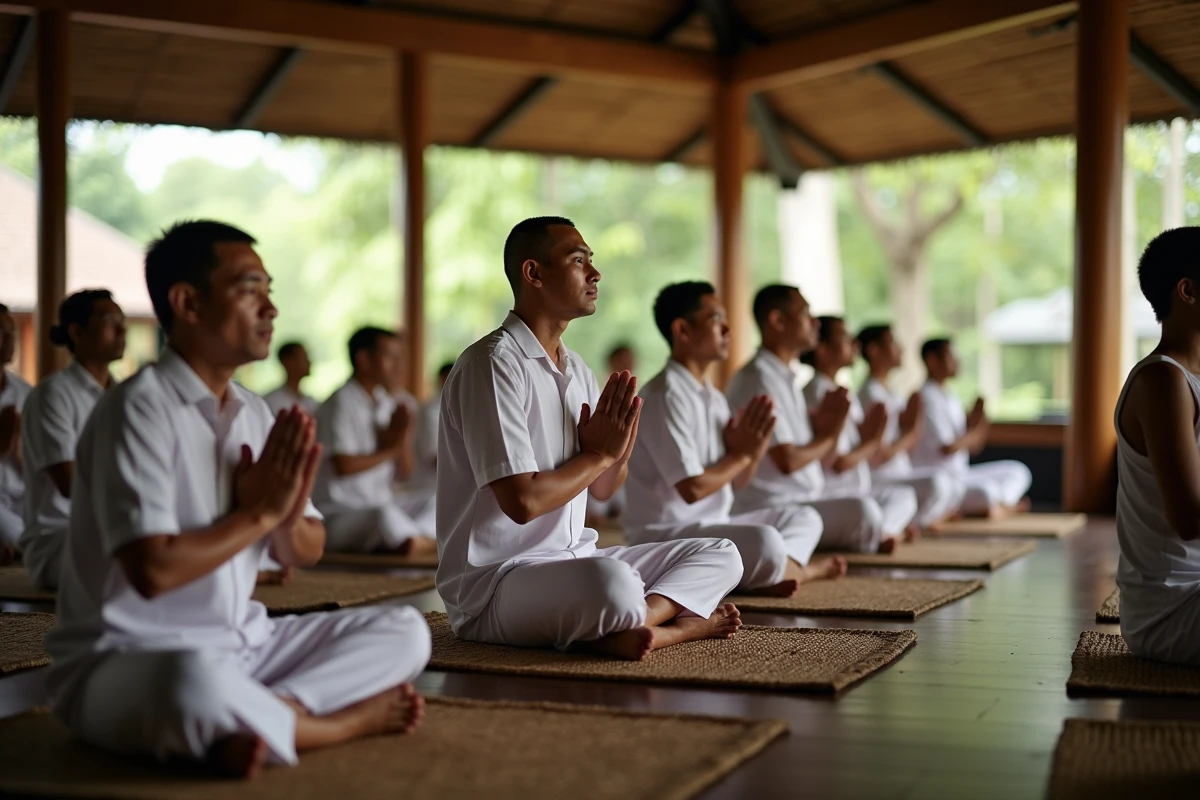 Groupe de balinais priant assis sur des tapis dans un pavillon