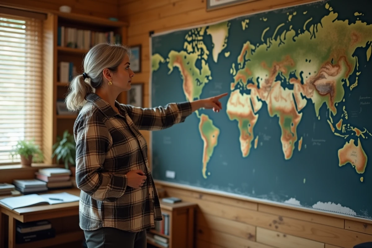Professeure de géographie expliquant une carte topographique du monde dans une salle de classe avec globe terrestre