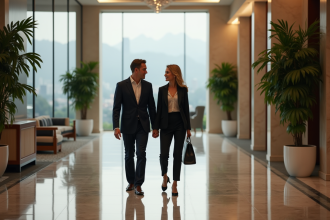 Homme et femme d affaires dans un lobby luxueux