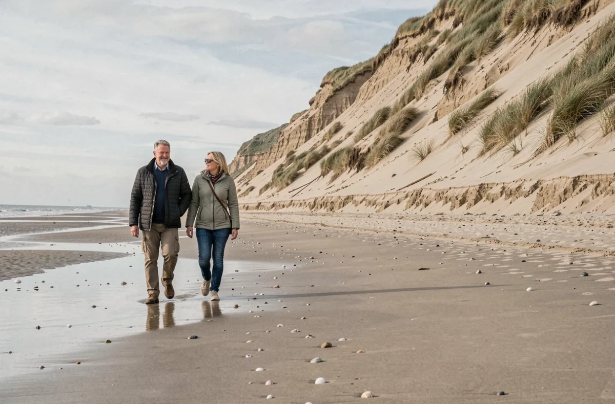Couple en balade sur la plage d'Arcachon face à la Dune du Pilat en arrière-plan