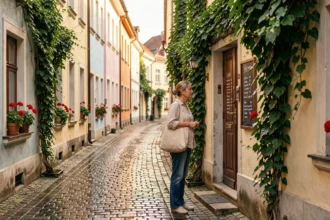 Ruelle pavée du quartier Krakovo à Ljubljana avec maisons colorées et végétation grimpante
