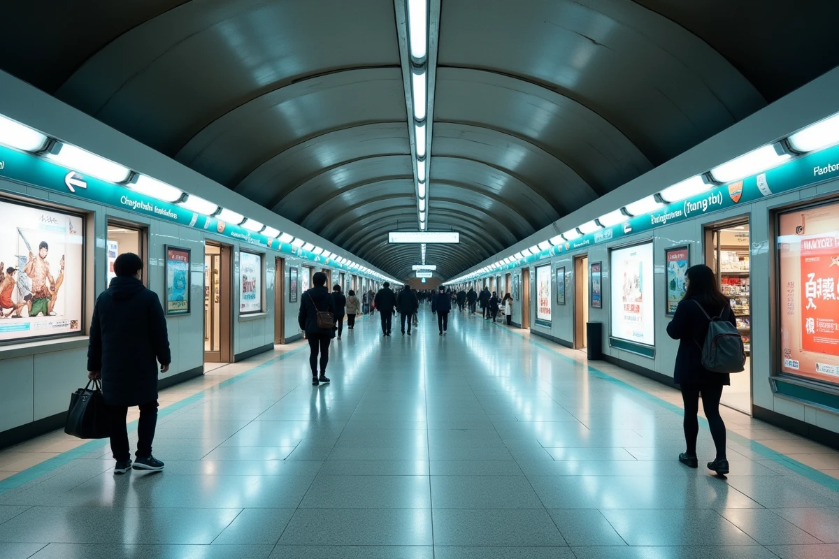 Le réseau souterrain de la gare de Shinjuku à Tokyo, montrant un large couloir commercial animé avec des kiosques illuminés, des panneaux bilingues et un flot constant de passants et de navetteurs.