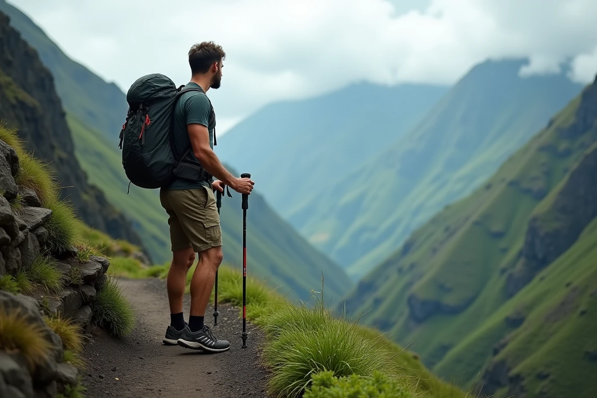 Randonneur masculin sur un sentier de montagne dans le Cirque de Cilaos à La Réunion avec brume matinale et végétation tropicale luxuriante