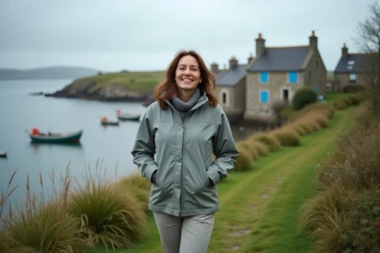 Femme en randonnée avec vue sur Saint Cado en Bretagne