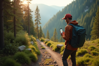 Randonneur sur un sentier en montagne avec smartphone et forêt